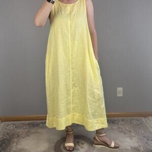 COS Butter Yellow Gather Linen Swing Midi Maxi Dress Size L Sleeveless Tie Strap